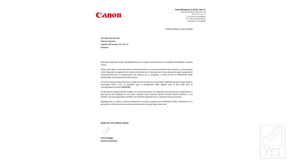 Certificación Nivel Maestro Canon Copyfax del Sureste